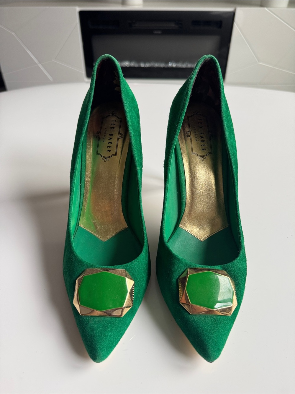 Ted Baker Emerald Green Suede Pointed Toe Pumps with Gem Detail